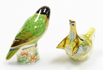 Two Royal Crown Derby bird porcelain paperweights, Black Faced Love Bird, limited edition number 577/2500, 10cm high, and Greenfinch, 9cm high, both with gold stoppers and red printed marks to underside, boxed. - 2
