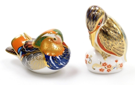 Two Royal Crown Derby bird paperweights, mandarin duck, 13cm wide, and kingfisher, 11cm high, both with gold stoppers and red printed marks to underside, boxed.
