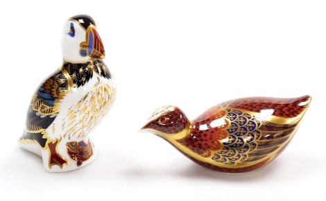 Two Royal Crown Derby bird porcelain paperweights, puffin, 11cm high, and coot, 15cm wide, both with gold stoppers and red printed marks to underside, boxed.