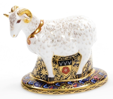 A Royal Crown The Derby Heraldic Derbyshire Ram, the first of a pair of paperweights, inspired by the Derbyshire coat of arms, commissioned by Goviers of Sidmouth, limited edition of 313/950, with gold stopper and gold printed marks to underside, 13cm hig