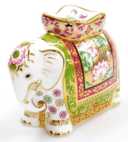 A Royal Crown Derby Rani-Mother Elephant porcelain paperweight, commissioned by Goviers of Sidmouth, limited edition number 408/1250, with gold stopper and gold printed marks to underside, 11cm high, boxed with certificate.