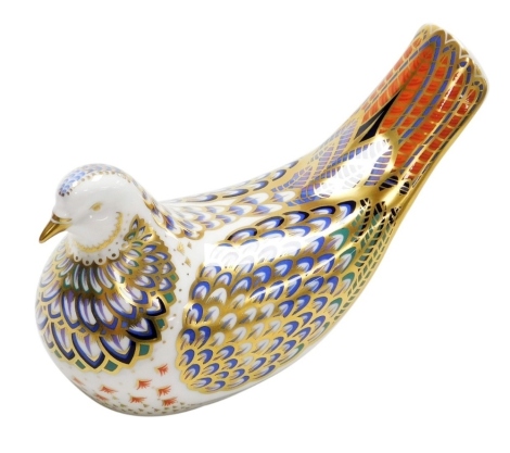 A Royal Crown Derby Millennium Dove porcelain paperweight, an Exclusive Signature Edition for Goviers of Sidmouth, limited edition number 136/1500, with gold stopper and red printed marks to underside, 16cm wide, boxed with certificate.