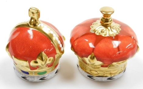 Two Royal Crown Derby Coronet porcelain paperweights, Prince of Wales Coronet and Prince William Coronet, limited edition numbers 680/950, with gold stoppers and gold printed marks, 10cm high and 9cm high respectively, boxed with certificates.