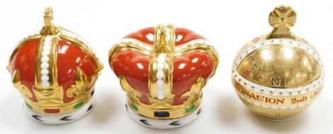 A Royal Crown Derby Coronation Orb porcelain paperweight, commissioned by Goviers of Sidmouth to commemorate the 50th anniversary of the coronation, limited edition number 680/950, with gold stopper and red printed marks to underside, 11cm high, and two c