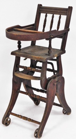 A Victorian child's high chair, bearing stamp for CH Thomas of Cardiff, 92cm high, 34cm wide, 54cm deep.