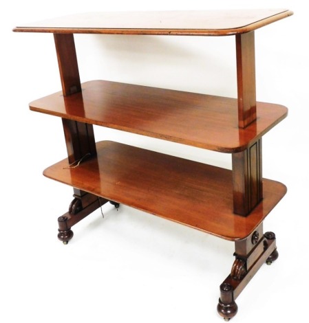 A Victorian mahogany metamorphic three tier buffet, the oblong sections broken by heavy block supports, terminating in a carved base with compressed bun feet, 82cm high, 125cm wide, 51cm deep. (AF)