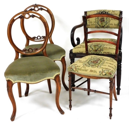 A group of chairs, to include a pair of Victorian walnut balloon back chairs, with pierced backs and overstuffed seats on cabriole legs, etc., (a quantity).