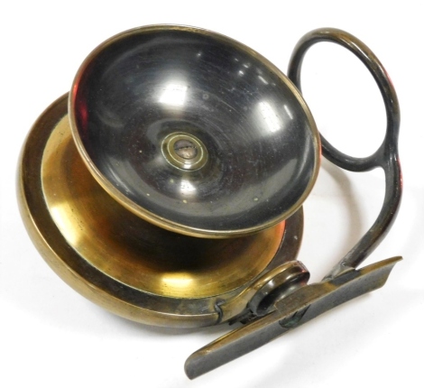 A late 19thC Mullocks brass side castor reel, 3¾" (9.5cm) diameter, makers stamp Mullocks Patent.