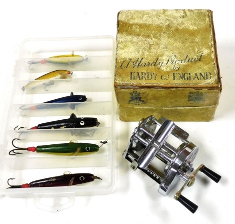 A Hardy Bros Elarex chrome multiplier reel, with box and five Devon Minnows, etc.