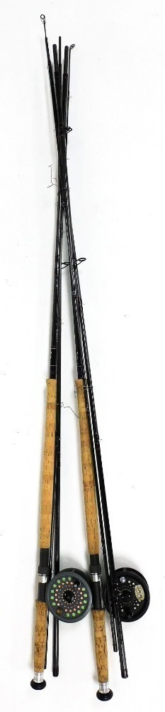 Two Daiwa whiskey salmon fly rods, three piece 15ft, #9-11, WF98-15, and a  JW