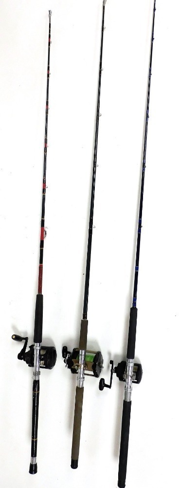 Three sea fishing boat rods with reels, including a Silstar ET3603 rod with  G&Y Tatler multiplier