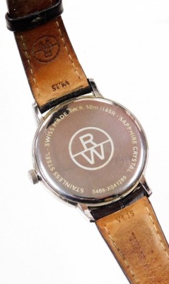 A Raymond Weil stainless steel wristwatch, with silvered coloured dial and gold coloured markers, with date aperture, numbered 5488-XO41289, on a brown leather strap, the dial 3.5cm wide, boxed. - 2