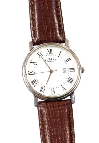 A Rotary gents wristwatch, with circular watch head, with silvered finishing with Roman numerals and date aperture, in a stainless steel case, on a brown leather strap, numbered GS77834/21, the dial 3cm wide, boxed.