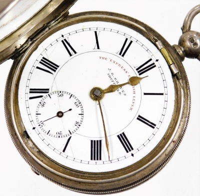 An Edward VII silver gentleman's pocket watch, open faced, key wind, the express English lever, JG Grey of Sheffield, white enamel dial, with Roman numerals and seconds dial, with gold hands, Birmingham Assay, makers stamp WHS, on a silver kerb link Alber - 2