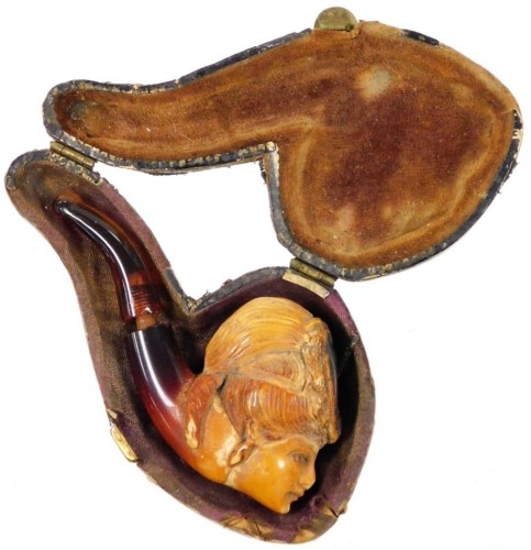 A meerschaum pipe, with carved figure of a lady with amber glass holder, in fitted case, 8cm wide.