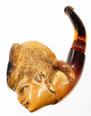 A meerschaum pipe, with carved figure of a lady with amber glass holder, in fitted case, 8cm wide. - 2