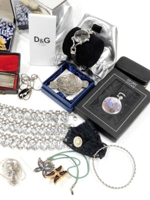 A group of costume jewellery, to include beaded necklaces, bangles, faux pearl necklaces, rose quartz bracelet, novelty silver plated shoe horn, Glory of Steam pocket watch, D&G wristwatch, etc. (1 tray) - 4