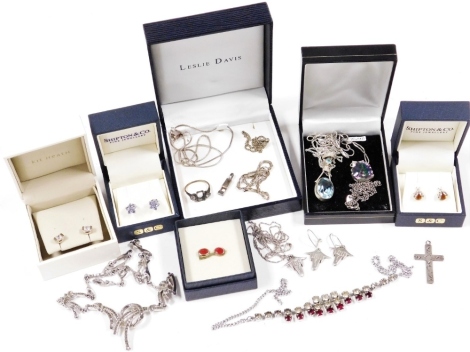 A group of silver and other jewellery, to include two pair of Shipton and Co silver earrings, one formed as ladybirds with amber body, and a pair of floral cluster set with purple stones, various silver chains, a 9ct gold and silver ring mount, etc. (a qu