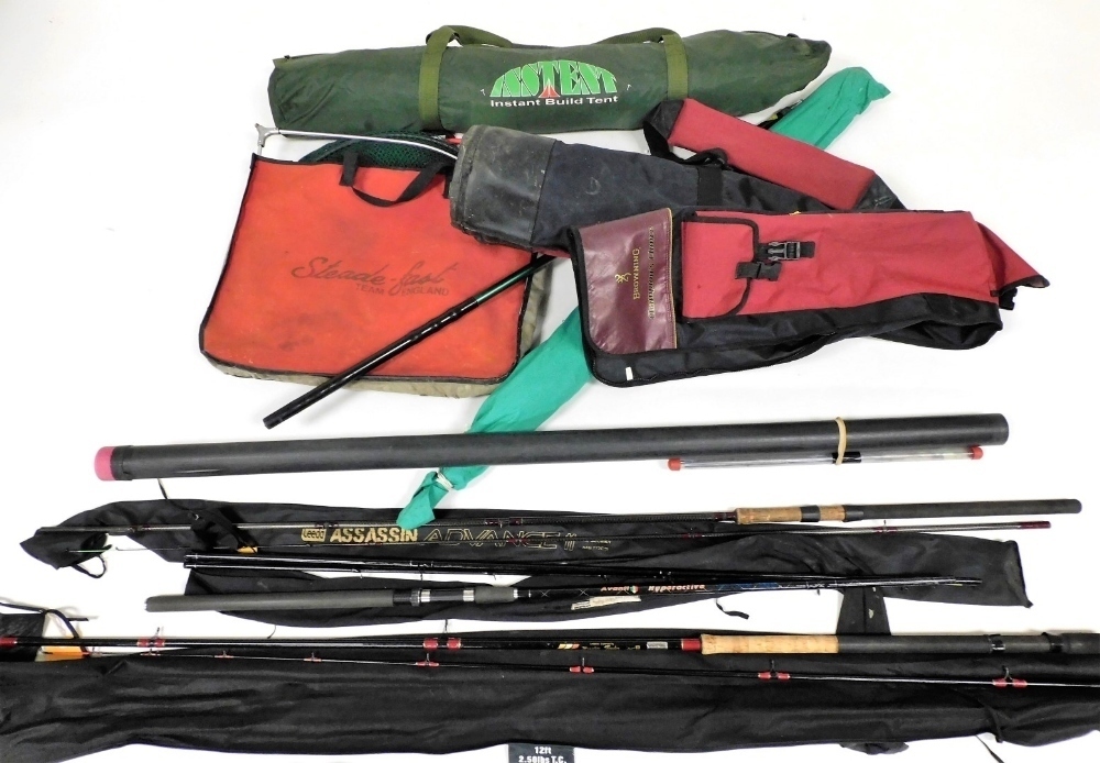 A Browning fishing rod holdall, and three feeder rods, etc