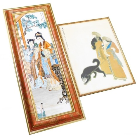 A Chinese porcelain panel, painted with two women attending to their manicure, signed, framed, 4.5cm x 20.5cm, together with a print of two women in Mongolian costume with a dog and puppy, 52.5cm x 38.5cm. (2)