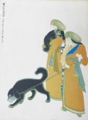 A Chinese porcelain panel, painted with two women attending to their manicure, signed, framed, 4.5cm x 20.5cm, together with a print of two women in Mongolian costume with a dog and puppy, 52.5cm x 38.5cm. (2) - 2