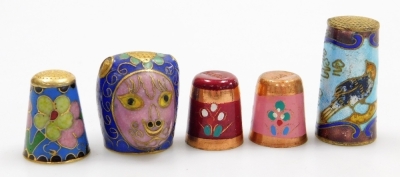 A group of Chinese cloisonné enamel, painted, jade and other thimbles, contained in a wooden wall mounted case. (16) - 4