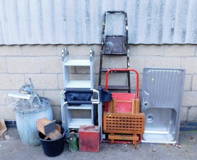 Various ladders, to include a folding step ladder, an aluminium sink, 100cm wide, oil can, galvanised dolly tub, 56cm high, watering can, bird trap, etc. (a quantity)