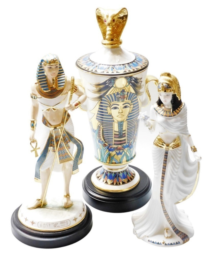 Three items of Egyptian related porcelain, a Coalport figure