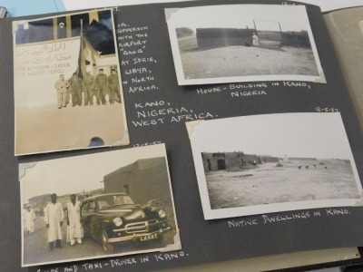 A 1950s photograph album, army, Middle Eastern scenes, war and other related, to include various photographs of aeroplanes, buses and figures, Hermes at Stansted Airport, Kano Nigeria West Africa to include buildings, native dwellings, tour guide and taxi - 3