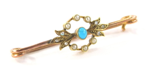 A turquoise and seed pearl set bar brooch, the central circular emblem on yellow gold, on a rose gold pin, unmarked but believed to be 9ct gold, 4.5cm wide, 2.3g all in.