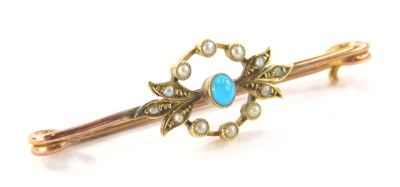 A turquoise and seed pearl set bar brooch, the central circular emblem on yellow gold, on a rose gold pin, unmarked but believed to be 9ct gold, 4.5cm wide, 2.3g all in.