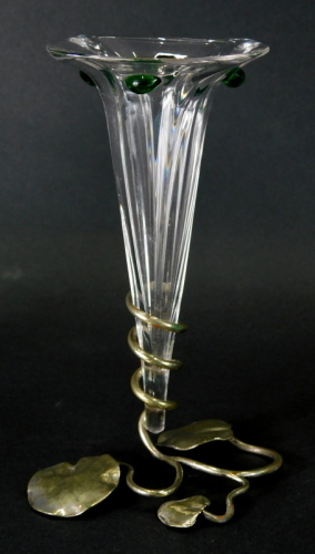 An Art Nouveau epergne, by Stuart and Sons, the trumpet glass centre, with raised oval green sections on an entwined leaf base, marked JB, 20cm high.