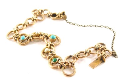 A 15ct gold fancy link bracelet, set with turquoise pearls and other stones, 16cm long, 15g all in.