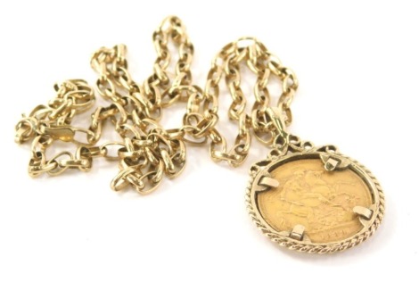 A Victorian full gold sovereign pendant and chain, the sovereign dated 1889 in a 9ct gold pendant mount, on 9ct gold belcher chain, 60cm long overall, 16.1g all in.