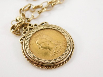 A Victorian full gold sovereign pendant and chain, the sovereign dated 1889 in a 9ct gold pendant mount, on 9ct gold belcher chain, 60cm long overall, 16.1g all in. - 2