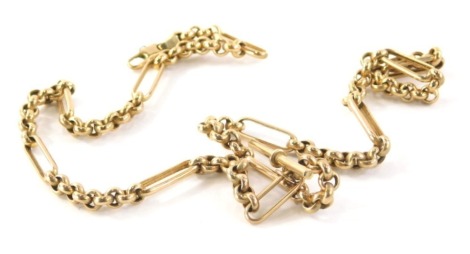 A 9ct gold watch chain, converted to a necklace, with elongated bars and four curb link sections, with T bar, 49cm long overall, 15.7g all in.