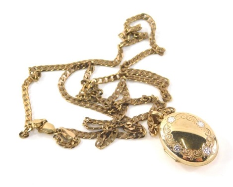 A 9ct gold pendant and chain, the oval locket with hammered detailing of flowers and bi-coloured design 3cm high, on a flattened curb link chain 54cm long, each marked 375, 7.9g all in.