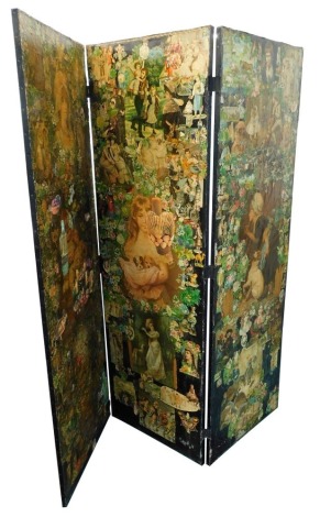 A Victorian three fold dressing screen, decorated with Victorian scraps of figures, children, animals, etc., 183cm high.