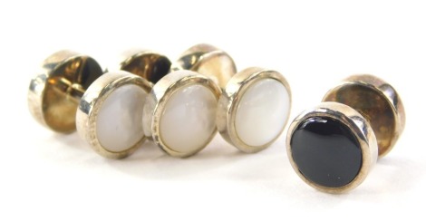 A group of collar studs and clips, to include a set of four mother of pearl and black polish stone silver cufflinks, modern cufflinks, gold plated cufflinks, etc. (a quantity)