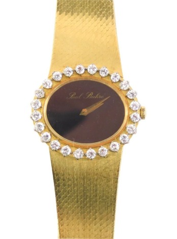 An 18ct gold ladies Paul Buhre wristwatch, the 1.5cm oval black dial surrounded by 24 diamonds, with baton pointers and textured bracelet marked 0750 and numbered M929CP 5149, 64g all in. (in associated case)