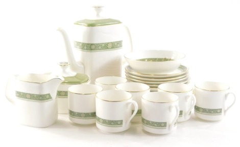 A Royal Doulton Rondelay part coffee service, to include coffee pot, 23cm high, bowls, plates, side plates, lidded sugar box, jug, etc., printed marks beneath. (a quantity)