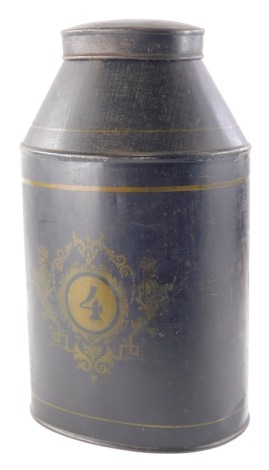 A 19thC toleware tea canister, stenciled with figures and the number four to the body, with lid, 39cm high.