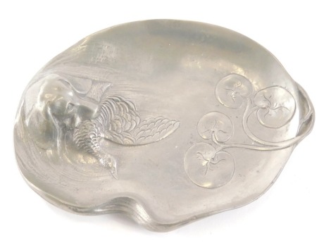 A Portuguese YME pewter Art Nouveau dish, the handle formed as a dog with duck to the mouth, with a lily pad base, impressed marks beneath, 14cm wide.