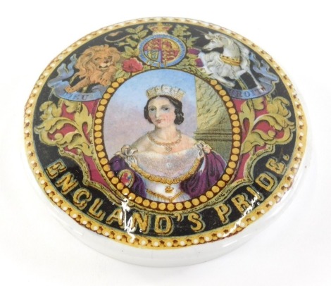 A 19thC Prattware pot lid, Queen Victoria England's Pride transfer printed, polychrome decorated, 11cm diameter.