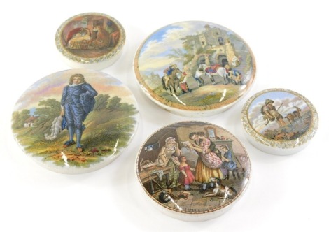 A 19thC Prattware pot lid, A Letter from The Diggings, transfer printed polychrome decorated, 11cm diameter, and four others, Shepherd, figures before building, etc. (5)