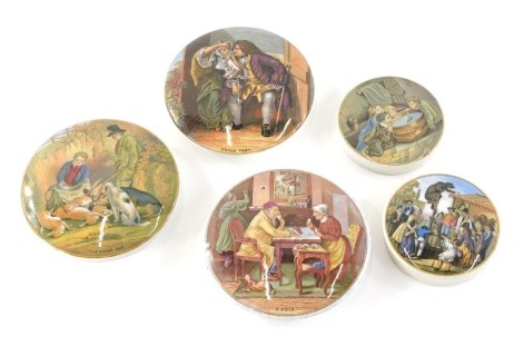 A 19thC Prattware pot lid, A Pair, transfer printed polychrome decorated, 10cm diameter, another Uncle Toby, The Game Bag and two others smaller. (5)