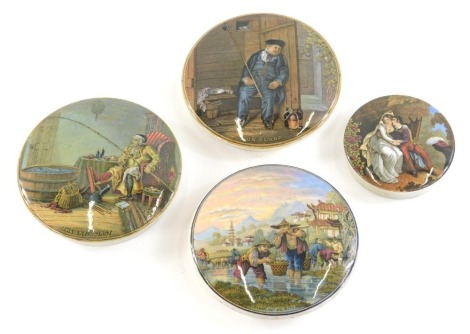 A 19thC Prattware pot lid, Transplanting Rice, transfer printed polychrome decorated, 11cm diameter, and another The Enthusiast and On Guard and another smaller. (4)