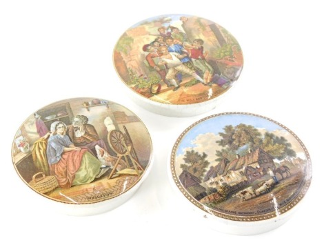 A 19thC Prattware pot lid, The Residence of Anne Hathaway, transfer printed polychrome decorated, 11cm diameter, another Persuasion and The Wolf and The Lamb. (3)