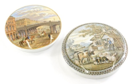 A 19thC Prattware pot lid, Holborn Viaduct 10cm diameter and cattle before figures and cottage. (2)