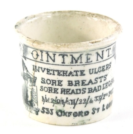 A 19thC black and white transfer printed ointment jar, 535 Oxford Street, for ulcers sore heads, bad legs, 4cm high.